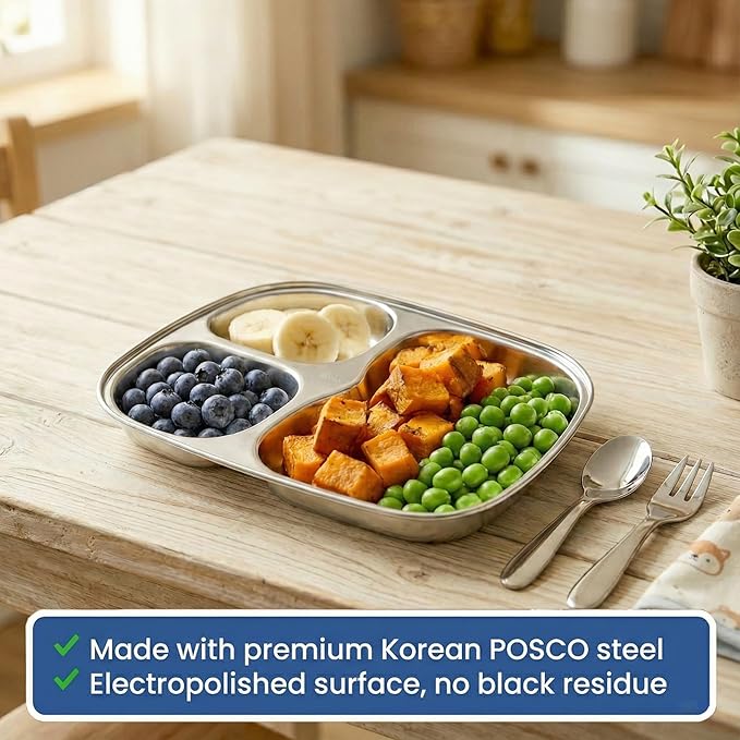 Korean Stainless Steel Divided Plates, Kids Toddlers Babies Tray, BPA Free, Diet Food Control, Camping Dishes, Compact Serving Platter, Dinner Snack, 3 Compartment Plate Silver, Set of 2