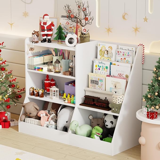 39" Large Kids Wooden Bookshelf and Toy Storage Organizer, Baby Bookcase with Sling Book Rack, Children Toddler Wooden Book Shelf for Kids Rooms, Playroom, Classroom, Nursery, School (White)