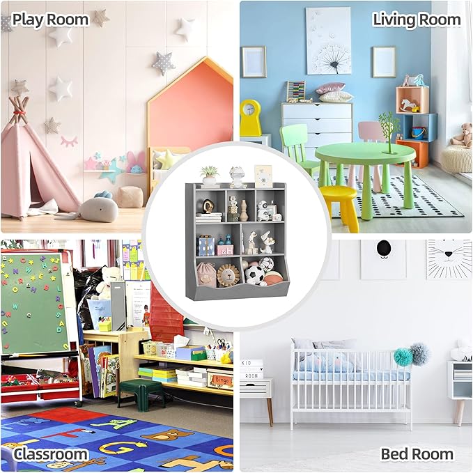 Three-Tier Kids Bookshelf and Toy Storage Organizer, Multi-Functional Bookcase with 5 Open Cubbies and 2 Tilted Boxes for Books, Toys, and Decor, Sturdy Cabinet for Nursery, Playroom, or Classr