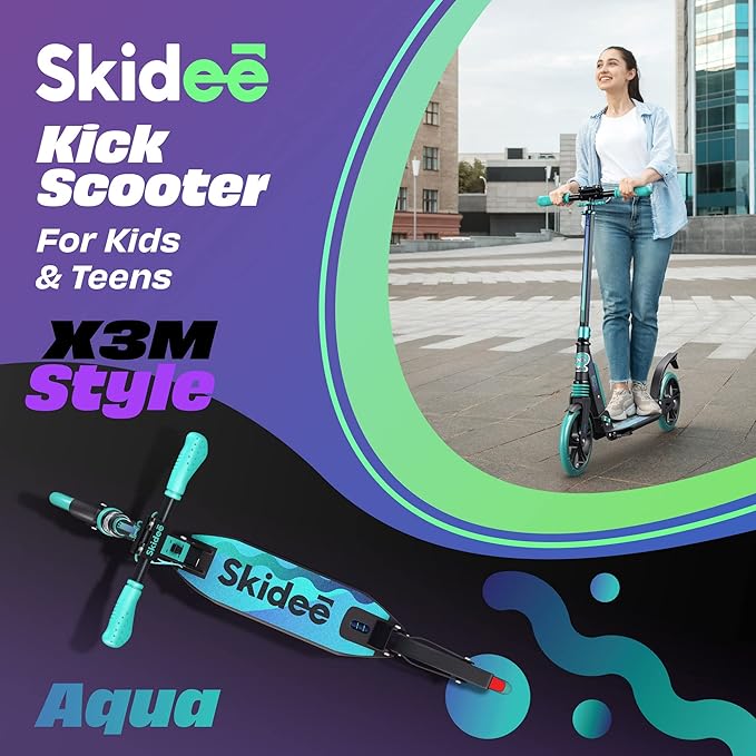 Skidee Adult & Teen Scooter Adjustable Height, Folding, Large Wheels, Lightweight, Durable, Anti-Shock Suspension, Up to 220 lbs