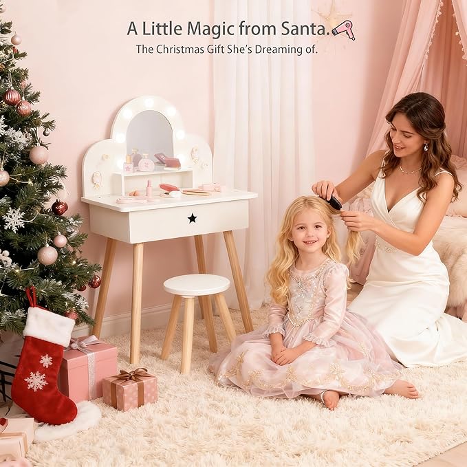 Kids Vanity Set for Girls with Touch-Button 3-Color Light Mirror, Wooden Pretend Play Makeup Table with 11 Accessories, Toddler-Sized Beauty Desk for Ages 3+