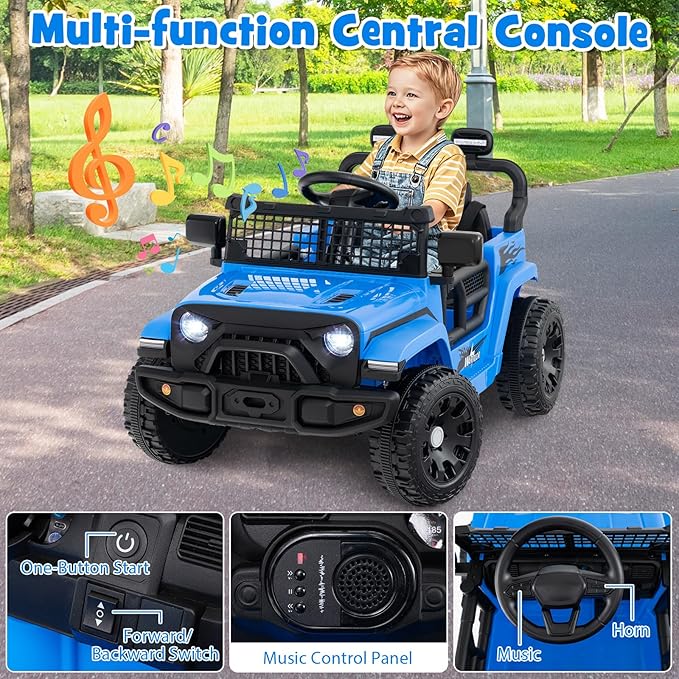 Costzon Kids Ride on Car Truck, 12V Electric Vehicle w/Foldable Mirrors, 3 Speeds, LED Lights, Music & Horn, Ride on Toys Remote Control Car for Toddlers, Boys & Girls (Blue,34" × 23" × 21")