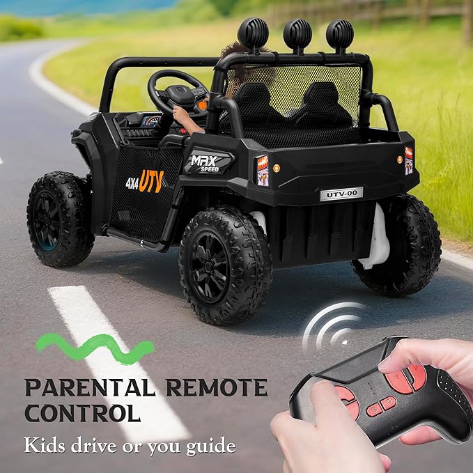 24V 2 Seater Ride on UTV Car, 4WD Ride on Toys for Kids with Remote Control, Shock Absorbers, LED Lights, Music, Off-Road Electric Car for Kids Boys Girls (Black)