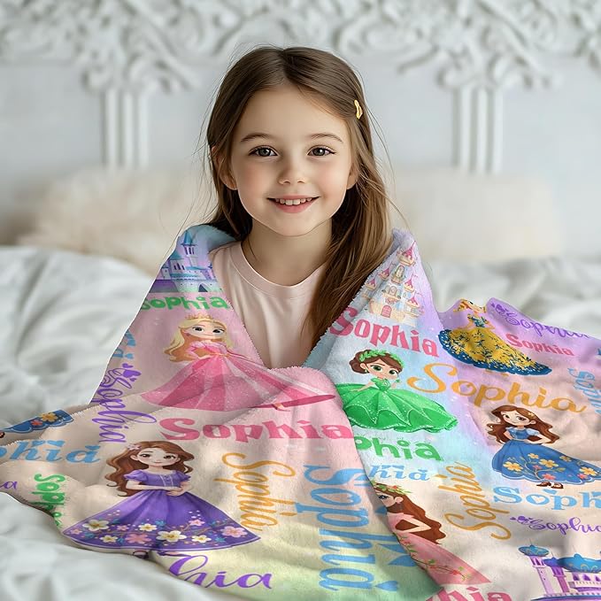 Custom Girl Blanket with Name Personalized Cute Pink Princess Blanket for Newborn Customized Soft Flannel Throw Blanket Memorial Gift for Toddler on Birthday Baby Shower Christmas (Pink Princess)