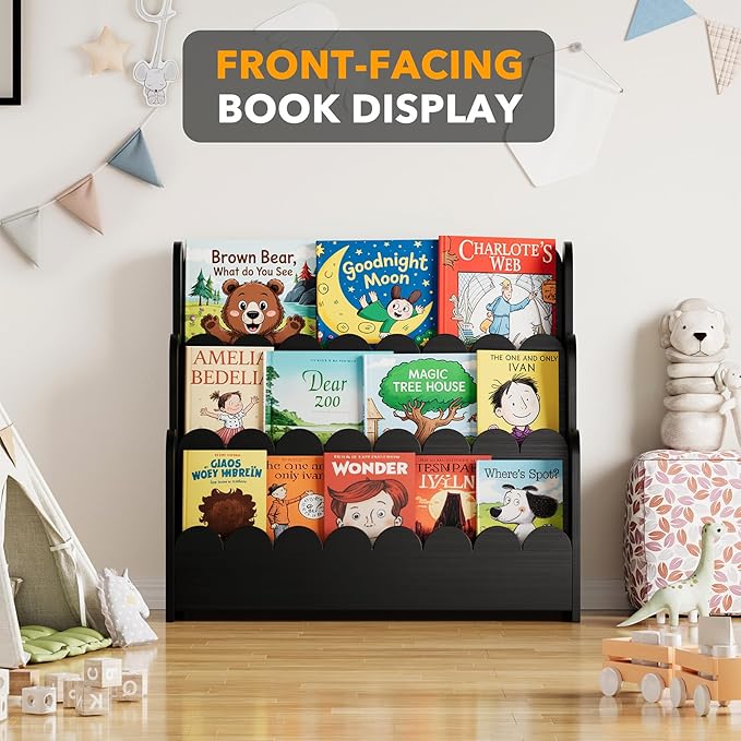 SpaceAid 3-Tier Scalloped Bookshelf, Montessori Bookcase for Toddlers, Wooden Book Shelf Organizer Display Furniture for Kids Rooms, Playroom, Nursery and Classroom, Black