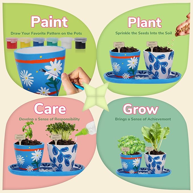 Paint & Plant Flower Gardening Kit with 4 Pots - Kids Gardening Set Ages 8-12, Spring Arts & Crafts Activities Kits, Educational Birthday/Easter Gifts for Boys & Girls Ages 5 6 7 9 10 11