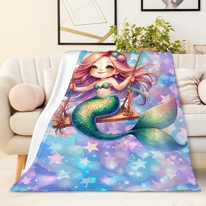 Girls Blanket Mermaid Blankets for Girls Teens Gifts for Mermaid Lovers, Cozy 60 x 50 Inches Flannel Throws for Bed Living Room Garden Camp