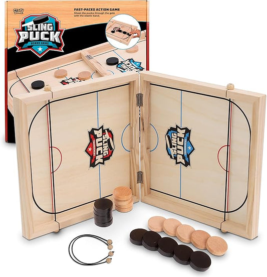 Fast Sling Puck Table Board Game I Wooden Family Indoor Two Player, Table Games for Family - Top Hockey for Adults & Kids, Competitive Parties for Fun