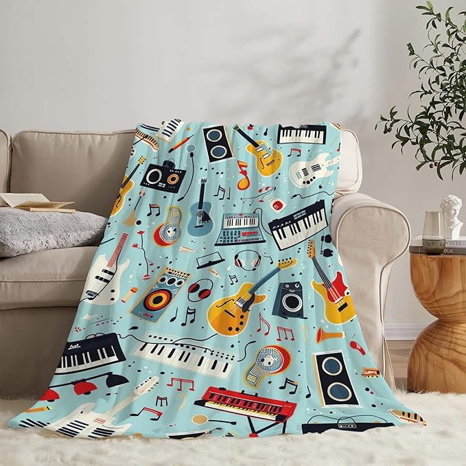 Music Blanket Musical Instruments Note Throw Blanket Gifts for Music Lovers Adults Men Women Kids Boys Girls Super Soft Cozy Plush Fluffy Fuzzy Fleece Blanket Home Decor 60''X80''