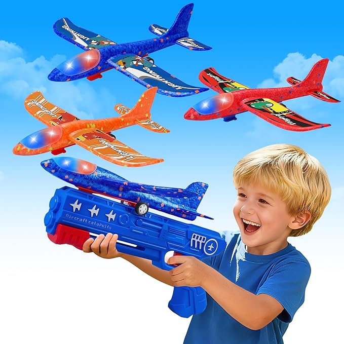 3 Pack Airplane Launcher Toys, 2 Flight Modes LED Foam Glider Catapult Plane, Outdoor Flying Toy for Kids, Birthday Gifts for Boy Girl 6+ Year Old, B-Day Party Supplies