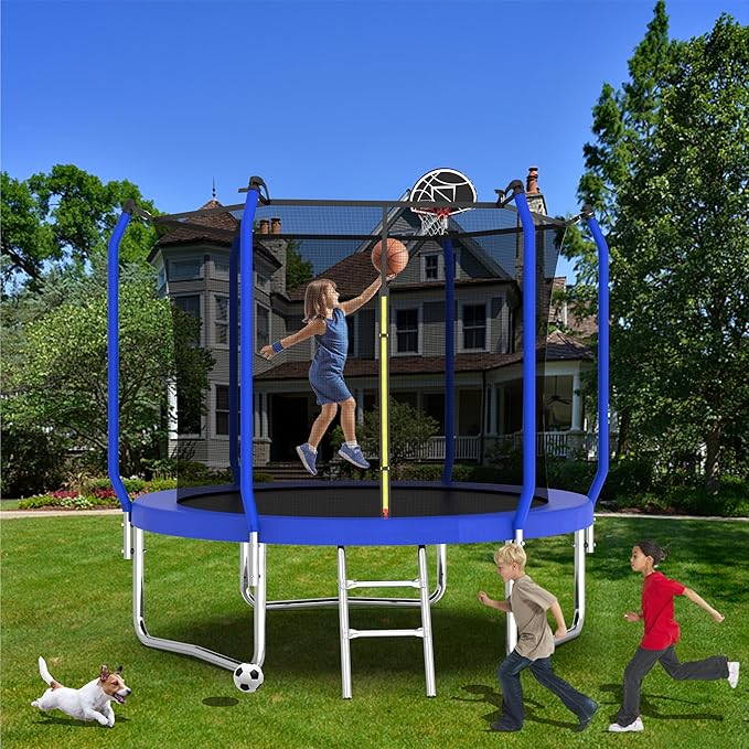 KEIKI Trampoline 8FT Trampolines with Enclosure Net, 960LBS Outdoor Trampolines for Kids with Basketball Hoop-ASTM Approved Trampoline for Children and Adults with Ladder