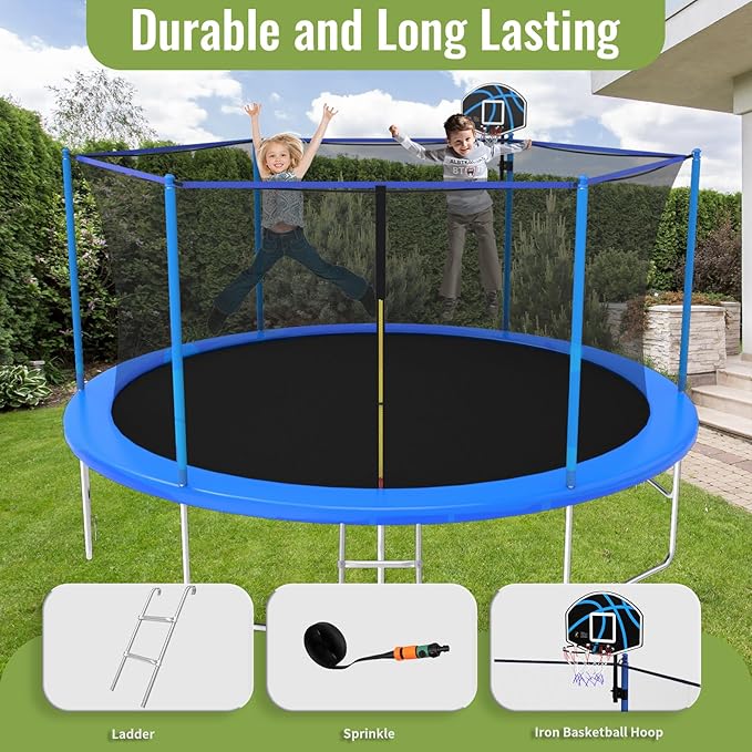 10FT/12FT/14FT Outdoor Trampoline for Kids and Adults - Trampoline with Basketball Hoop & Sprinkler - Anti Rust - ASTM Approved - Blue