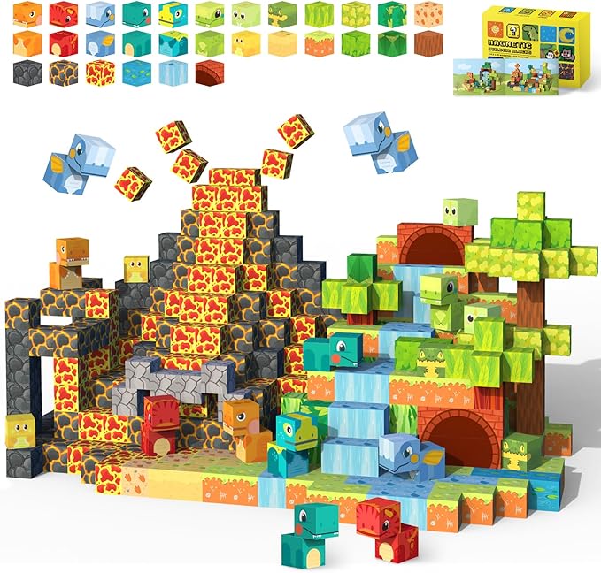 Magnetic Blocks— 120PCS Magnet Toys for Kids, Magnetic Building Blocks Cubes, Montessori Sensory Stacking Magnets, School STEM Toys Birthday Gifts for Boys and Girls Age 3+ Years Old (Dinosaur)