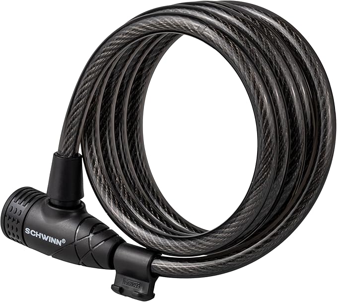 Schwinn Bike Cable Lock with Keys, 6 ft x 10 mm, Black, Braided Steel, Durable Vinyl Cover, Carrying Bracket for Storage and Transport, Anti Theft Protection, Bike Lock Cable for Security