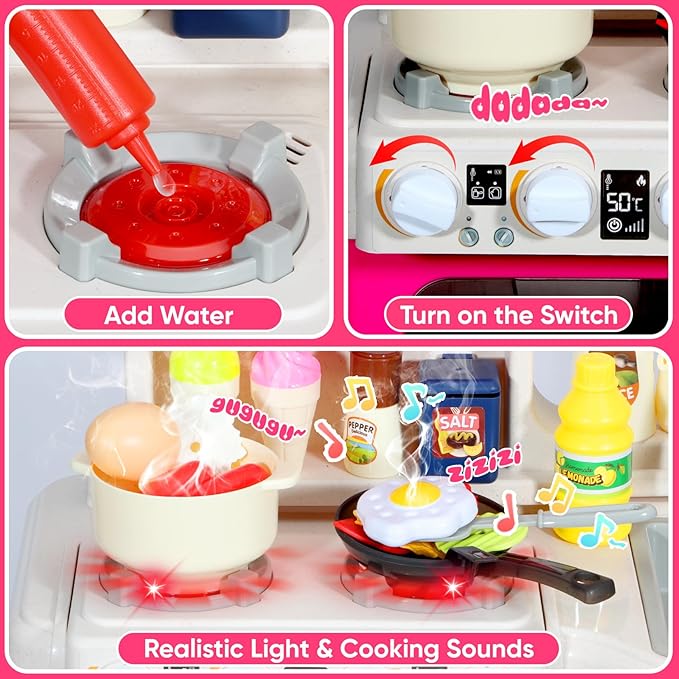 Kids Kitchen Playset, 36.22'' Play Kitchen for Toddlers 1-3 with Steam, Sound & Light, Cooking Stove, Play Sink, Oven and Toy Kitchen Accessories, Kitchen Set for Toddlers Girls 3 4 5 (Pink)