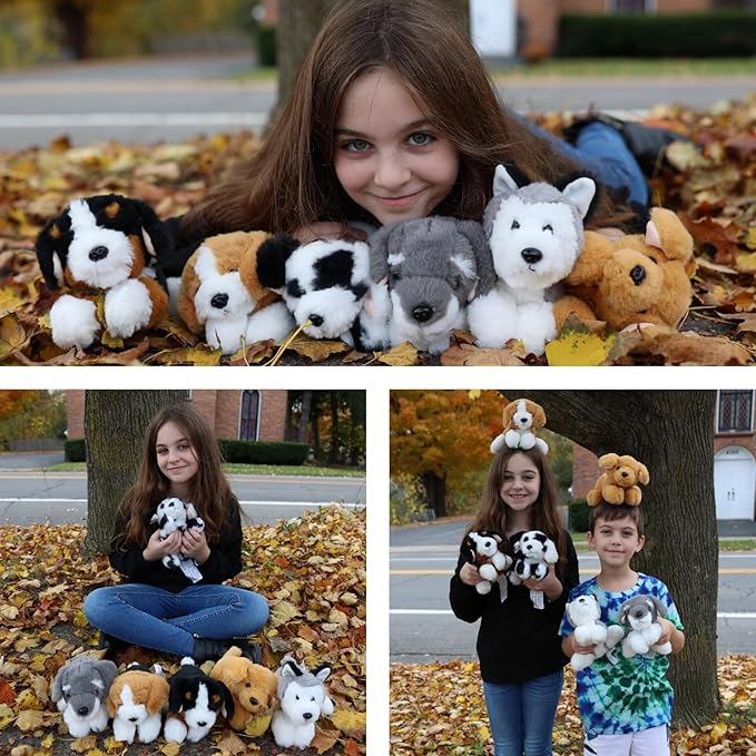Tezituor 6 Pcs Bulk Stuffed Animals, Fluffy Assorted Stuffed Puppy Plush Toys for Kids, 11" Schnauzer, Husky, Bernese, Golden Retriever, Beagle, Spotted Dog Doll Set for Dog Themed Party Favors Gift