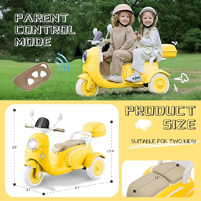 HEIMILI 12V Kids Electric Motorcycle,Electric Scooter for 3 Year Old, Girls Toy, 3-Wheel Ride On Toy for Kids with Storage Compartments, Motorcycle for Girls (Yellow)