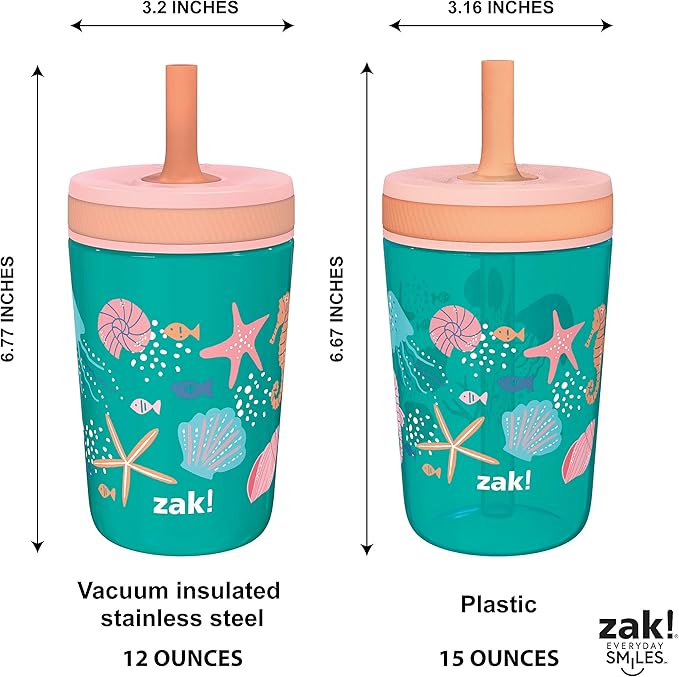 Zak Designs Shells Kelso Tumbler Set, Leak-Proof Screw-On Lid with Straw, Bundle for Kids Includes Plastic and Stainless Steel Cups with Bonus Sipper (3pc Set, Non-BPA)