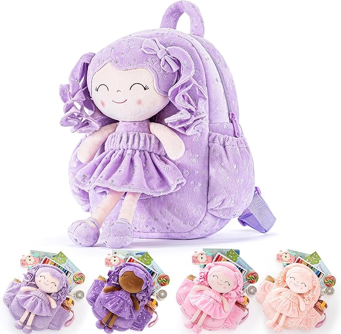 Gloveleya 11 Inches Toddler Backpack Baby Girl Gift Plush Bag Featuring Curly-Haired Doll Design with Silver Heart Accents in Soft Purple