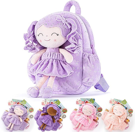 Gloveleya 11 Inches Toddler Backpack Baby Girl Gift Plush Bag Featuring Curly-Haired Doll Design with Silver Heart Accents in Soft Purple