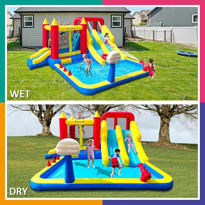 Inflatable Bounce House with Double Slide, Water Bounce Castle with Slide,Water Slide with Splash Pool, Water Cannon, Climbing Wall, Basketball Hoop, Backyard Water Slide for Kids