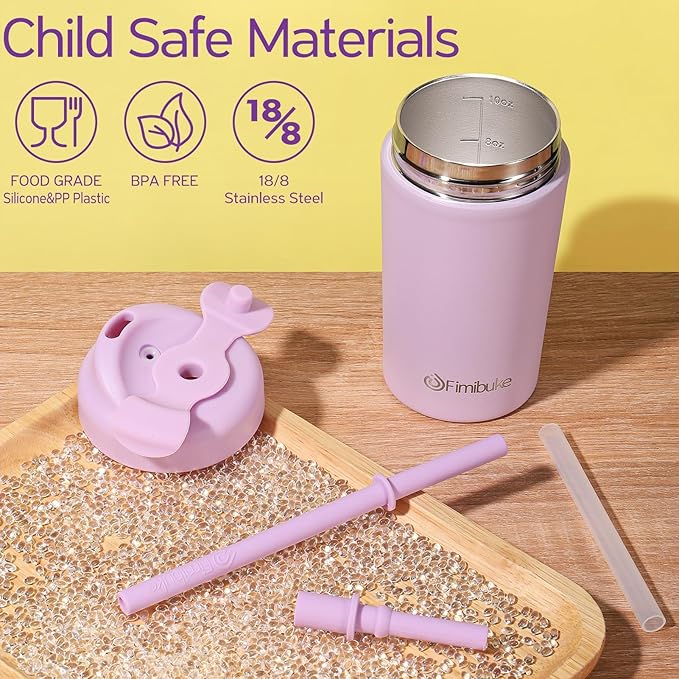 Fimibuke Kids & Toddler Cups, 10 OZ Spill Proof Straw Cups for Toddlers, Leak-Proof Kids Insulated Tumblers with Screw-On Lid & Silicone Straws with Stopper, Stainless Steel Sippy Cup for Girls Boys