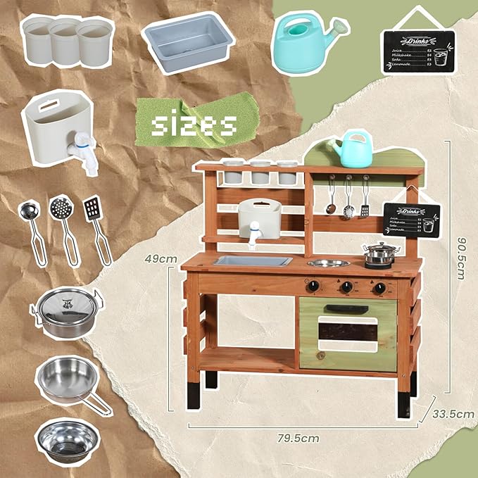 Outdoor Kitchen for Kids,Mud Kitchen Wooden Toy Playset with Kettle, Sink, Wooden Plant Container and Kitchen Accessories, for Children Ages 3+ Years (Green)