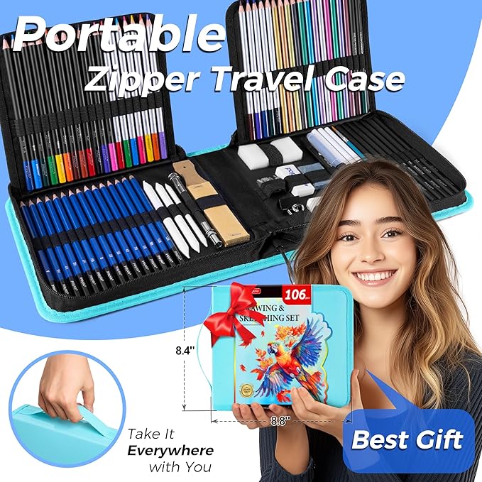 106 Pack Drawing Set Sketching Kit, Pro Art Supplies with 3-Color Sketchbook, Coloring Book, Graphite Colored Charcoal Watercolor & Metallic Pencils, Drawing Supplies Gift Case for Artists Adults Kids