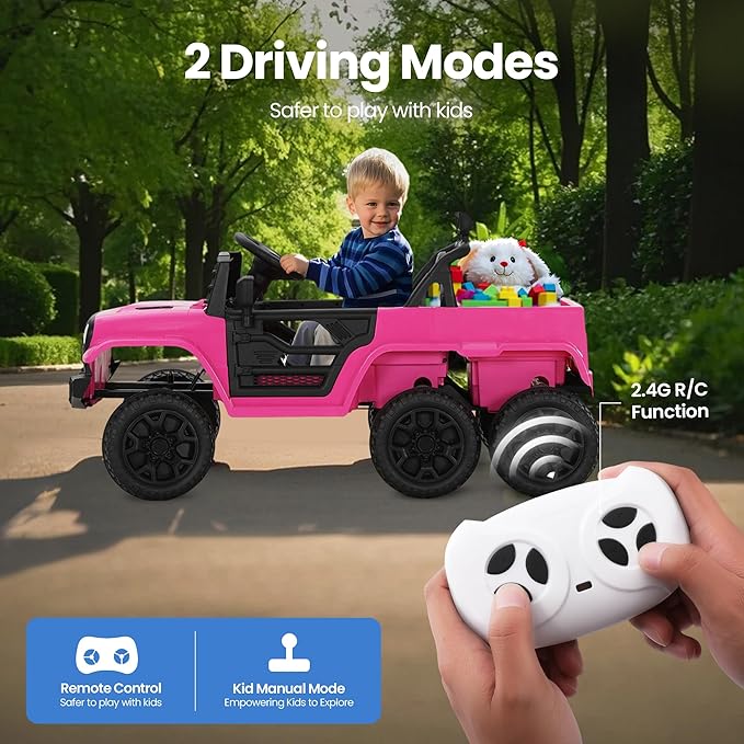 12V Power Wheels Jeep for Kids - Ride On Truck Car w/2WD/4WD Switch w/Parent Remote Control, 6 Wheels Suspension Electric Car for Kids, Pink