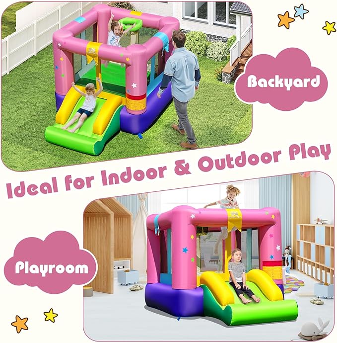 BOUNTECH Inflatable Bounce House, Bouncy House for Kids 3-12 Indoor Outdoor w/520W Blower, Jumping Area, Slide, Basketball Game, Mini Bounce House for Toddler Boys Girls Birthday Party Backyard Gifts