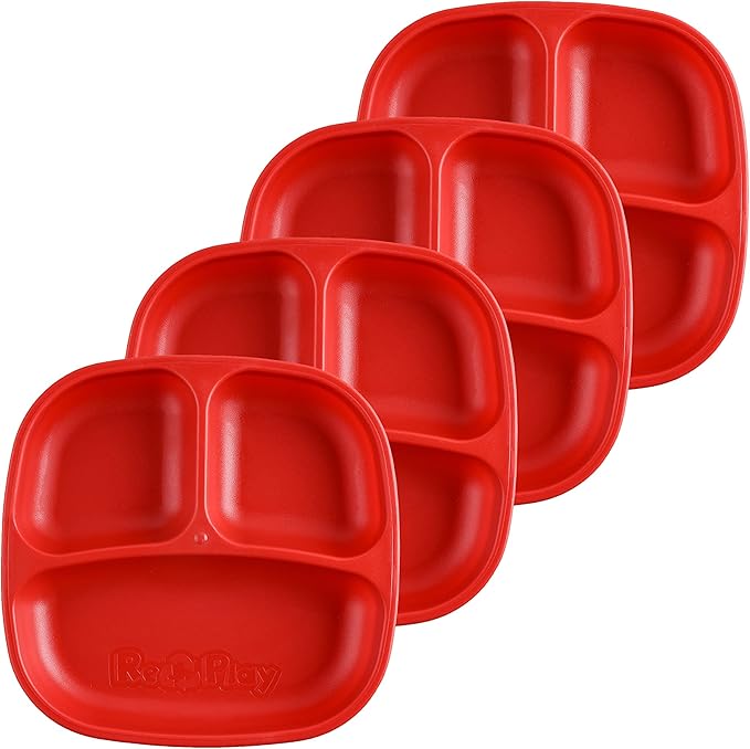 Re-Play Toddler Plates with Dividers - Deep-Walled 3 Compartments Divided Plates for Kids - Dishwasher & Microwave Safe - Made in USA - Set of 4-7.37" x 7.37" x 1.25" - Red