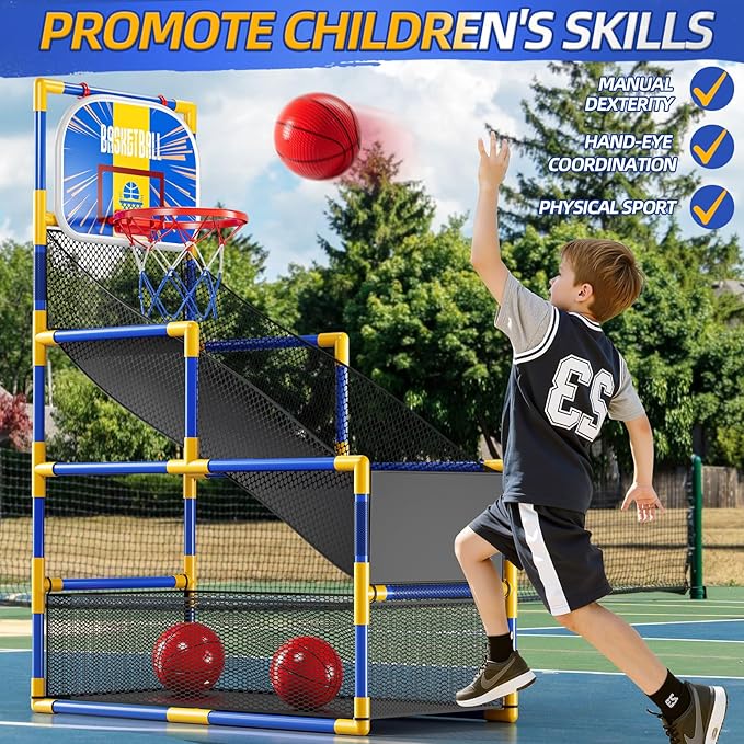 Arcade Basketball Game Indoor, Kids Ajustable Basketball Hoop, Outdoor Carnival Sports Play Toy with 4 Balls and Air Pump, Educational Birthday Gift for Boys Girls 3 4 5 6 7 8 Year Old (Blue)