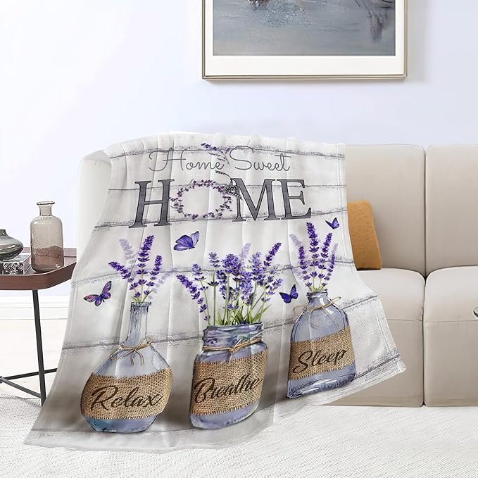 Farmhouse Floral Blanket for Women Girls Ultra Soft Cozy Lavender Flower Throw Blanket Fleece Fuzzy Plush Bedding Blanket Purple Flower Gifts for Women Girls Kids Adults Couch Sofa 50"x40"