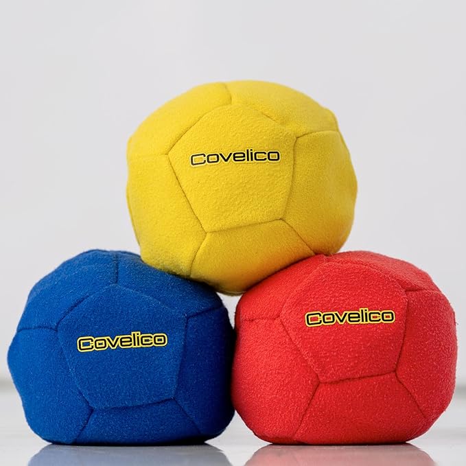 Footbag Hacky Set of 3 for Kids, Teens & Adults. Yellow, Blue & Red Sack - Each 2.28 inch, 1.6oz, Durable Dual Layered Synthetic Suede, Instructions & Stylish Bag, Solo or Group Footbag Game