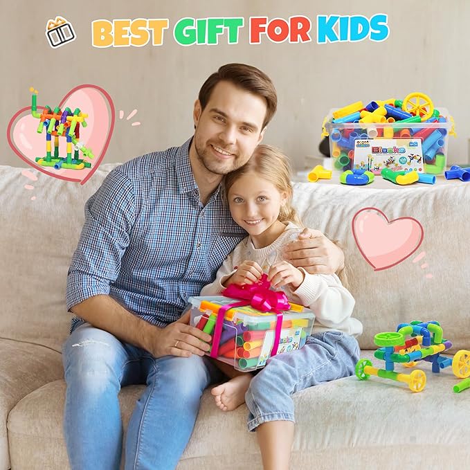 Ggiibro STEM Building Toy for Toddlers 106Pieces Tube Pipe Toy,Educational Preschool Game for 3+ Years,Learning Building Blocks Play with Storage Box Gift Kit,Montessori Toys for Boys & Girls