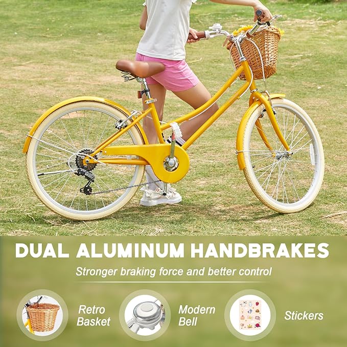 Glerc 20 24 26 Inch Beach Cruiser Bike, 6-Speed Hybrid City Bicycle for Girls Youth and Over 6 Years Old, Missy Bike with Wicker Basket & Lightweight, Multiple Colors