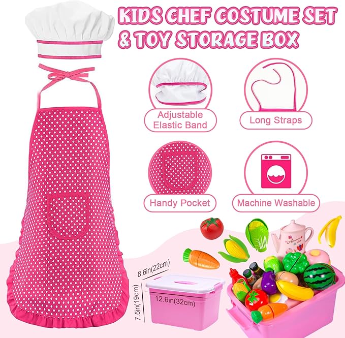 121Pcs Play Kitchen Accessories, Kids Kitchen Playset, Pretend Play Food Tea Party Set, Toy Kitchen Kids Cooking Real with Apron＆Chef Hat, Utensils Cookware Pots＆Pans, Toy Organizer, Toddler Toys Gift