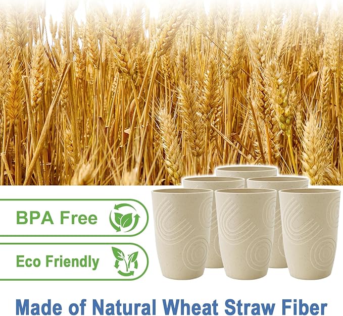 Wheat Straw Cups 6 PCS - 16 OZ Cup Set, Unbreakable Drinking Glasses, Kids Cup Set for Kitchen, Alternative to Plastic Cups Reusable Dishwasher Safe Water Tumbler (Beige)