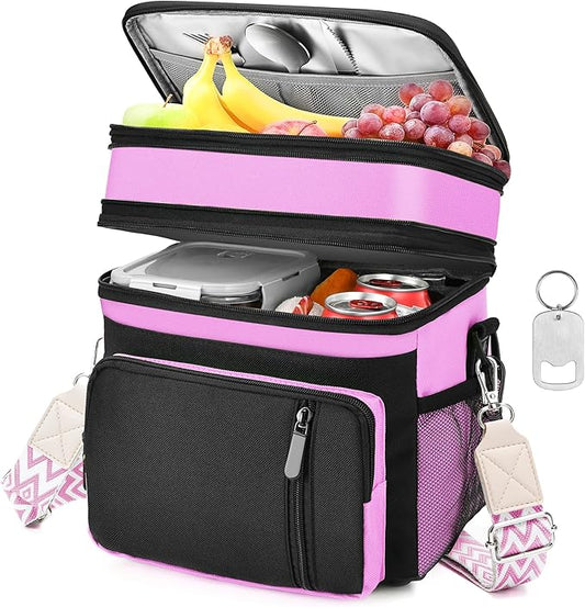 LOKASS Lunch Box & Lunch Bag for Women Men Double Deck, Large Insulated Adult Lunch Box Leakproof Lunchbox Cooler Bag for Work Picnic Beach,（Pink&Black 16L）
