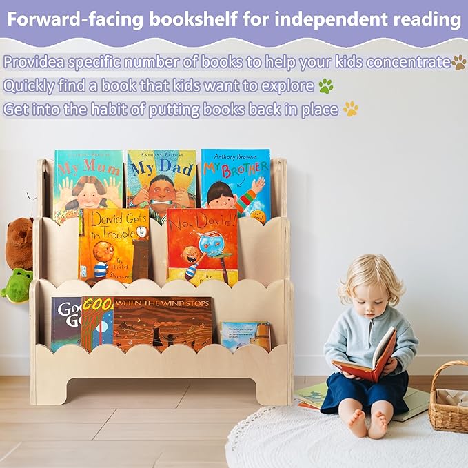 Kids Bookshelf Wooden 3-Tier, Scalloped Book Shelf for Kids Rooms, Front Facing Toddler Montessori Bookshelf, Baby Nursery Book Shelves Kids Classroom Bookshelf Bookcase