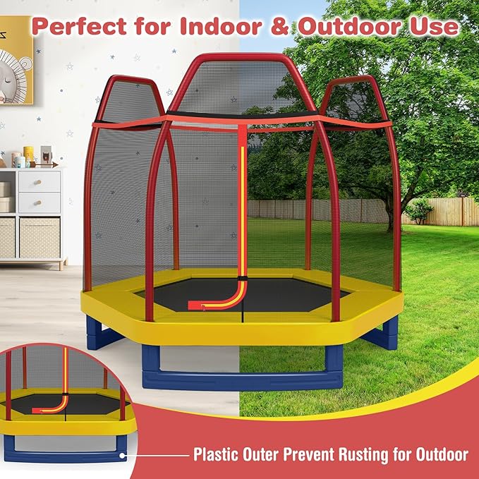 GYMAX Trampoline for Kids, 7FT Toddler Trampoline with Safety Enclosure Net & Seamless Spring Pad, Heavy Duty Small Indoor/Outdoor Trampoline for Boys, Girls Age 3+