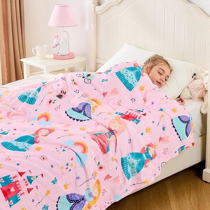 Wajade Kids Pink Princess Blanket for Girls Soft Fleece Blanket for Couch Sofa Bedroom Princess Fairy Tales Castle Throw Blanket for Kids Teens 50"x60"