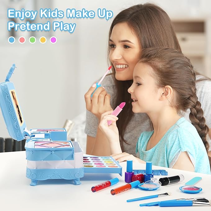 57 in 1 Kids Makeup Kit With 3-Color LED Mirror, Real Washable, Perfect Girl Birthday Gift, Age 3+