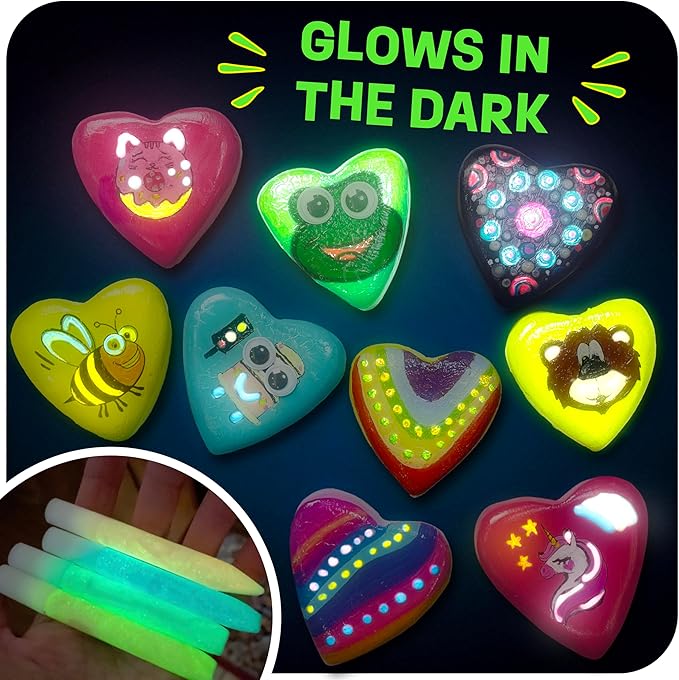 Hearts Rock Painting Kit for Kids - Glow in The Dark - Arts and Crafts for Girls Ages 4-12 – Easter Gifts for Girls Art Toys Kids Craft Kits – Birthday Gifts for 5 6 7 8 9 10 11 12 Year Old Girl