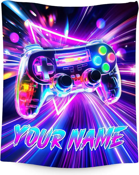 Gaming Blanket for Boys - Personalized Gamer Gifts for Kids, 30"x40" Video Game Throw for Teen Child - Custom Boys Bedroom Decor with Name