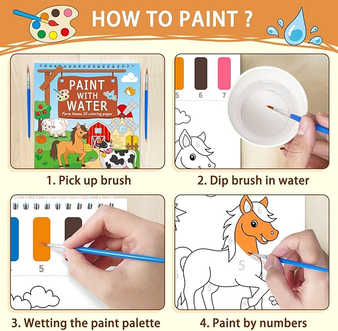 Paint with Water Coloring Books for Toddlers, Farm Theme Mess Free Watercolor Painting Papers for Kids Water Color Paint Kit Art Craft Gift for Ages 1-3, 4-8