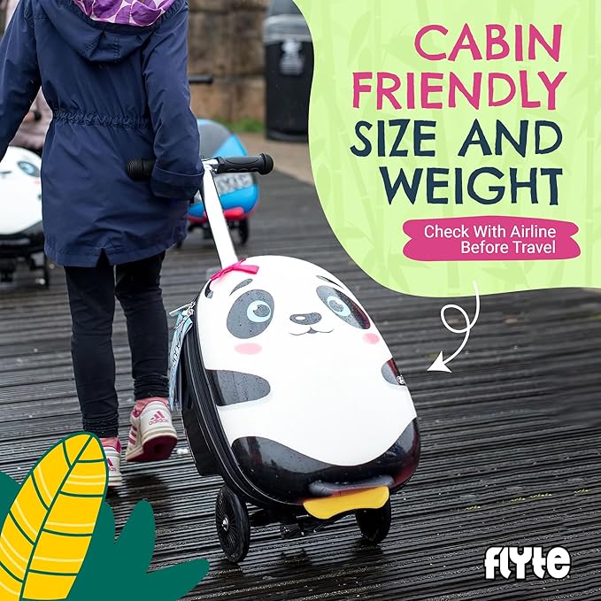 FLYTE Scooter Suitcase Folding Kids Luggage – Penni the Panda, 18 Inch Hardshell, Ride On with Wheels, 2-in-1, 25 Litre Capacity
