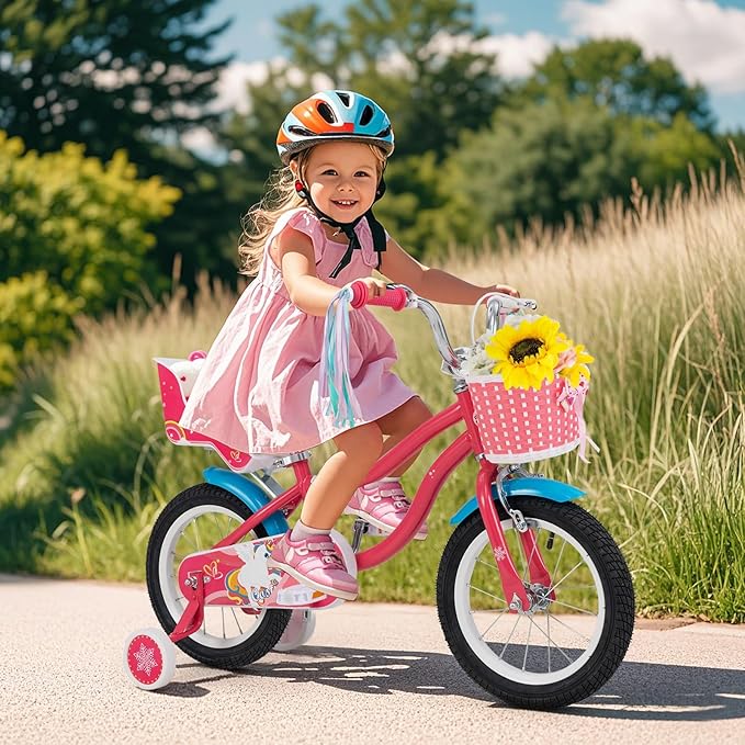 BABY JOY Kids Bike, 12 14 16 18 Inch Children Bicycle w/Detachable Training Wheels, Storage Basket, Adjustable Seat & Handlebar, Bow or Streamer, Girls Bike for 3-8 Years Old