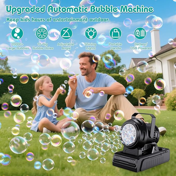 Panamalar Bubble Machine Adjustable Angle, 10 Big Holes Automatic Bubble Blower Machine for Kids 20000+ Big Bubbles with Solution, Portable Bubble Maker Outdoor Toys for Garden Party Wedding-Black