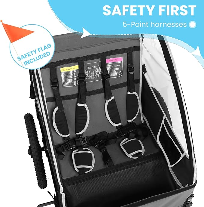 Sepnine Kids Bike Trailer, Suitable for 1 to 2 Kids, 12+ Months, Quick Attach to Bike, Foldable, with 5-Point Harness and Storage Bags
